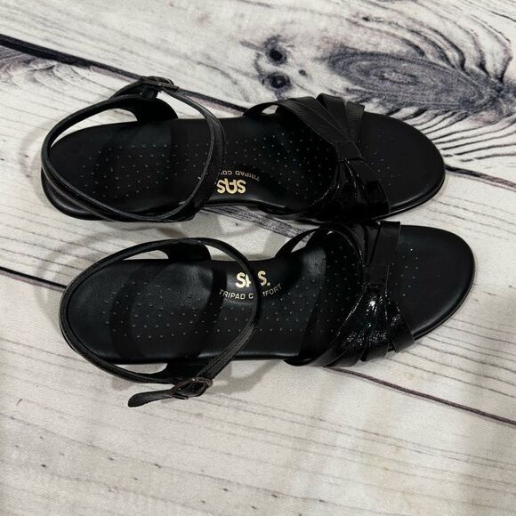 SAS Strippy Low Wedge Black Sandals Women's 9.5 M Tripad Leather Comfort Strappy - Picture 5 of 10